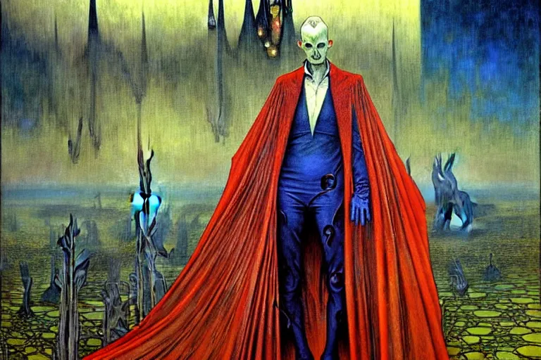 Image similar to realistic extremely detailed portrait painting of an elegantly creepy vampire man in a cape, futuristic sci-fi castle on background by Jean Delville, Amano, Yves Tanguy, Alphonse Mucha, Ernst Haeckel, Edward Robert Hughes, Roger Dean, rich moody colours, blue eyes