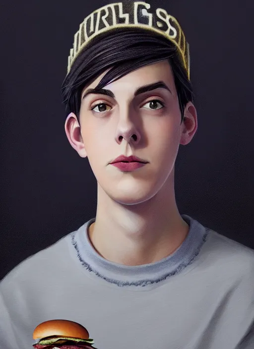 Image similar to portrait of teenage jughead jones wearing a light grey crown, photorealistic, crown, sweater with letter s on it, hamburger, eyes closed, crown, black hair, intricate, elegant, glowing lights, highly detailed, digital painting, artstation, concept art, smooth, sharp focus, illustration, art by wlop, mars ravelo and greg rutkowski