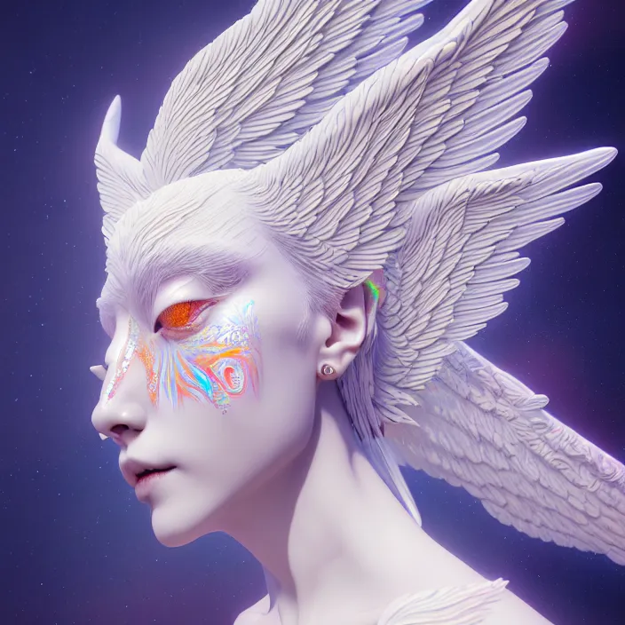 Prompt: stylized art of an psychedelic angelic celestial being by jung gi kim, trending on artstation, winged head, white gold skin, ayahuasca, sacred geometry, esoteric art, watercolor, octane render 8 k