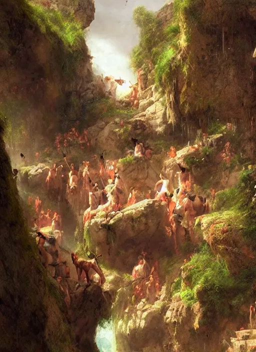 Prompt: stone age rave in a cave, digital art by eugene de blaas and ross tran, vibrant color scheme, highly detailed, in the style of romanticism, cinematic, artstation, greg rutkowski
