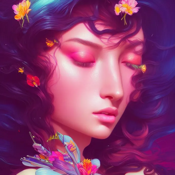 Image similar to young beautiful woman, gorgeous face, vaporwave aesthetic, synthwave, colorful, psychedelic, artstation, flowers, bees, concept art, smooth, extremely sharp detail, finely tuned detail, 8 k, unreal engine 5, ultra sharp focus, illustration, art by artgerm and greg rutkowski and alphonse mucha