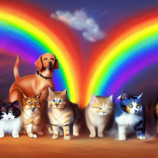 Image similar to a group of pet dogs and cats waiting patiently at the entrance to a glorious and heavenly rainbow bridge, beautiful art, artstation