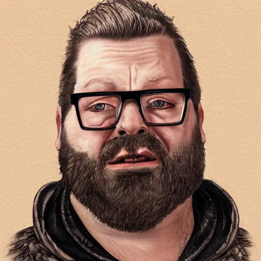 Prompt: A Portrait of Richard Wikström, a bearded man, stocky and short, overweight man in his late 30's, living in Luleå and Boden, he has old school tattos on his sleeves and very large black frame glasses from Gucci. Detailed digital art, portrait, D&D, fantasy, highly detailed, digital painting, artstation, concept art, sharp focus, illustration, art by artgerm and greg rutkowski and alphonse mucha