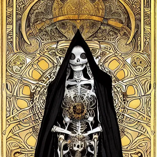 Image similar to a skeleton in a black cloak, highly detailed, very intricate, art nouveau, gold filigree, tarot concept art watercolor illustration by mandy jurgens and alphonse mucha and alena aenami, featured on artstation