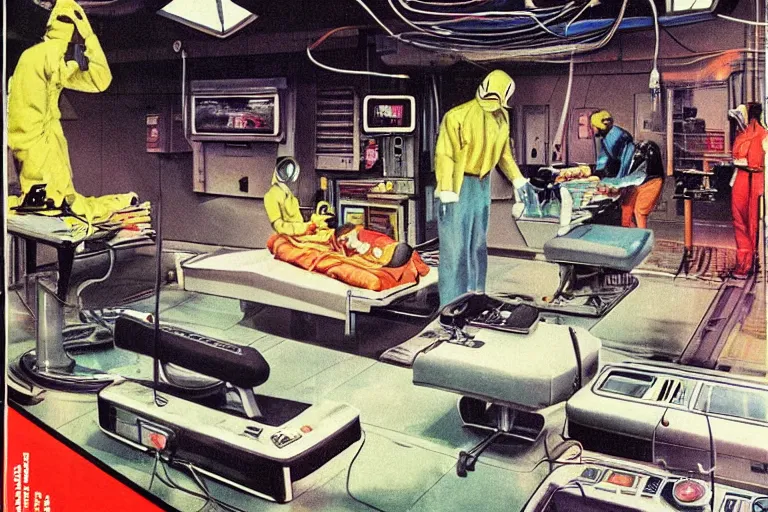 Image similar to 1979 OMNI Magazine Cover depicting an operating room in a commercial car garage. Cyberpunk Akira style by Vincent Di Fate