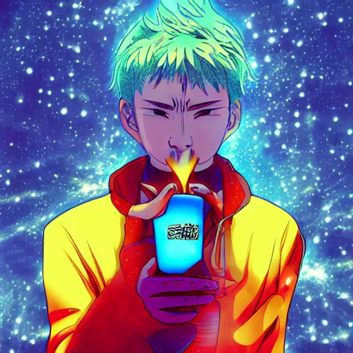 Image similar to A man drinking a cup of cosmic energy bright light by Masafumi Harada, 4k, digital art, surreal, anime style, Park Sung-woo Red Ice style