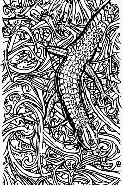 Image similar to lizard, ornaments, fractal, ink drawing, line art colouring page