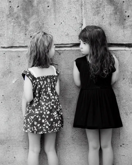 Prompt: black and white photo, two young girls stands against a wall looking longingly into each other's eyes, cdx