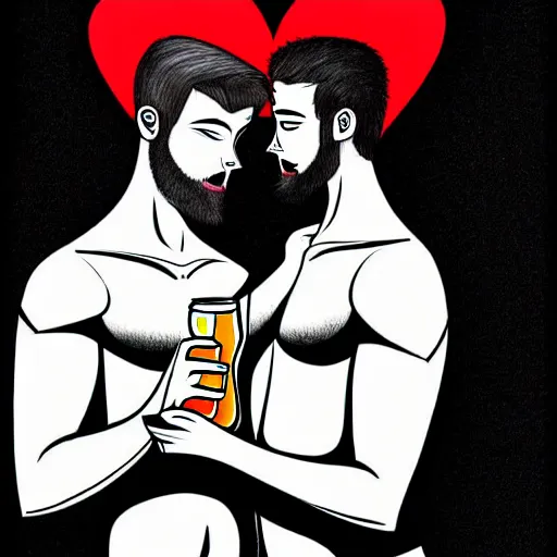 Image similar to two beautiful chad men drinking beers, many white hearts, friendship, love, sadness, dark ambiance, concept by Godfrey Blow, featured on deviantart, drawing, sots art, lyco art, artwork, photoillustration, poster art