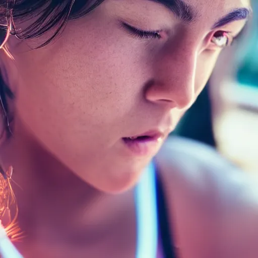 Image similar to an amazing photo, extreme close-up of the face of a young woman exercising, award winning photo, very detailed, cinematic, beautiful lighting effects