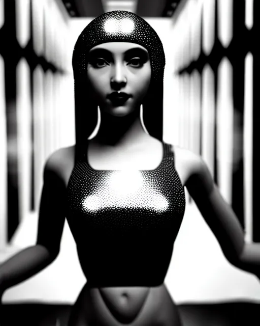 Image similar to black and white dreamy young beautiful female artificial intelligence, metropolis, cinematic, rim light, bokeh, photo - realistic, elegant, high detail, 8 k, masterpiece, photo taken in 1 9 3 0