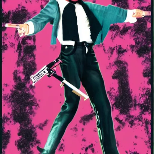 Image similar to Michael Jackson with a gun at a vaporwave themed place