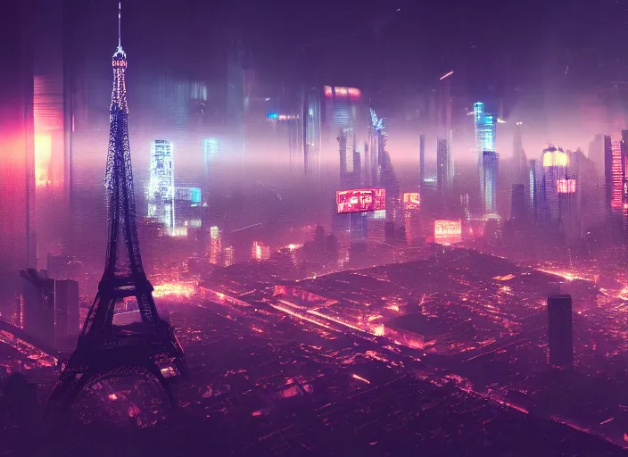 Prompt: cyberpunk scifi scene of paris skyline at night, artstation, matt painting, very detailed, maximalism, ambient occlusion, volumetric light, atmospheric haze, unreal engine, hyper realism, realistic shading, cinematic composition, realistic render, octane render, detailed textures, photorealistic, wide shot