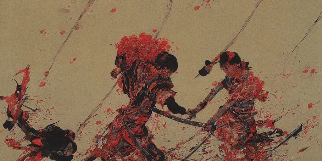 Image similar to Japanese schoolgirl runs away from Samurai with a katana on the subway, high detailed Beksinski painting, part by Adrian Ghenie and Gerhard Richter. art by Takato Yamamoto. deep colours