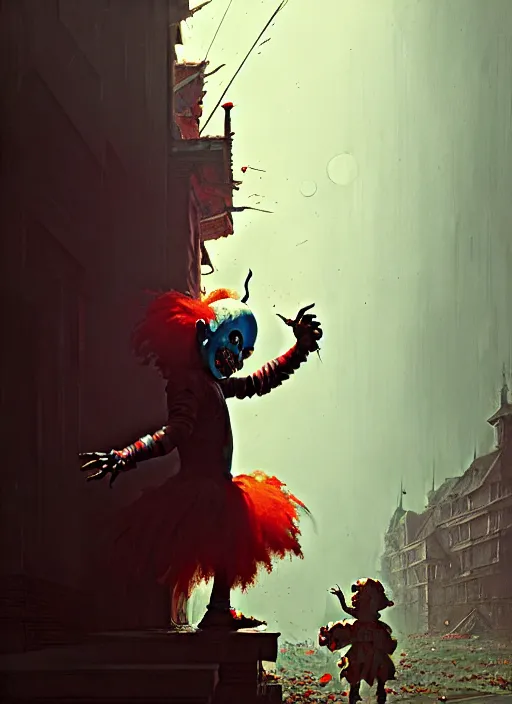 Image similar to masterpiece concept art, evil creepy clown terrorizes children, by greg rutkowski and geof darrow, 8 k, intricate detail, cinematic lighting