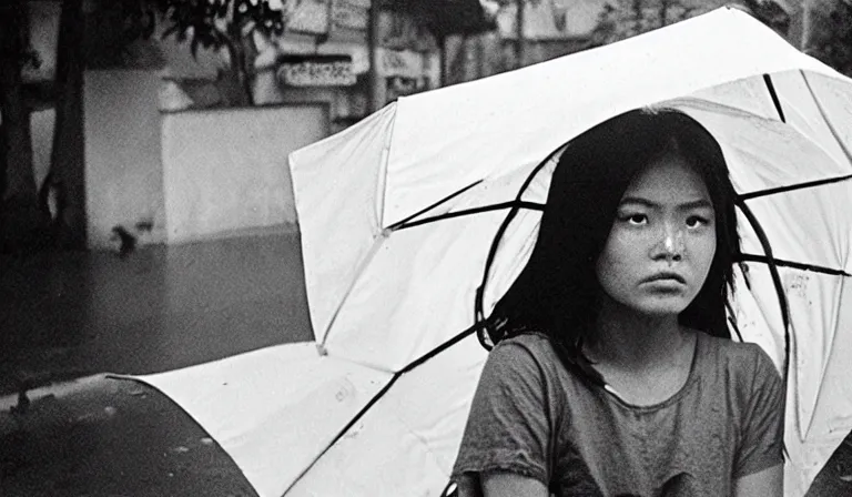 Prompt: A Filipino girl taking shelter from the rain, 35mm film, by Gregg Araki