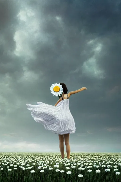 Image similar to giant white daisy flower as head, girl dancing in a flower field, surreal photography, sunrise, dramatic light, impressionist painting, colorful clouds, digital painting, artstation, simon stalenhag