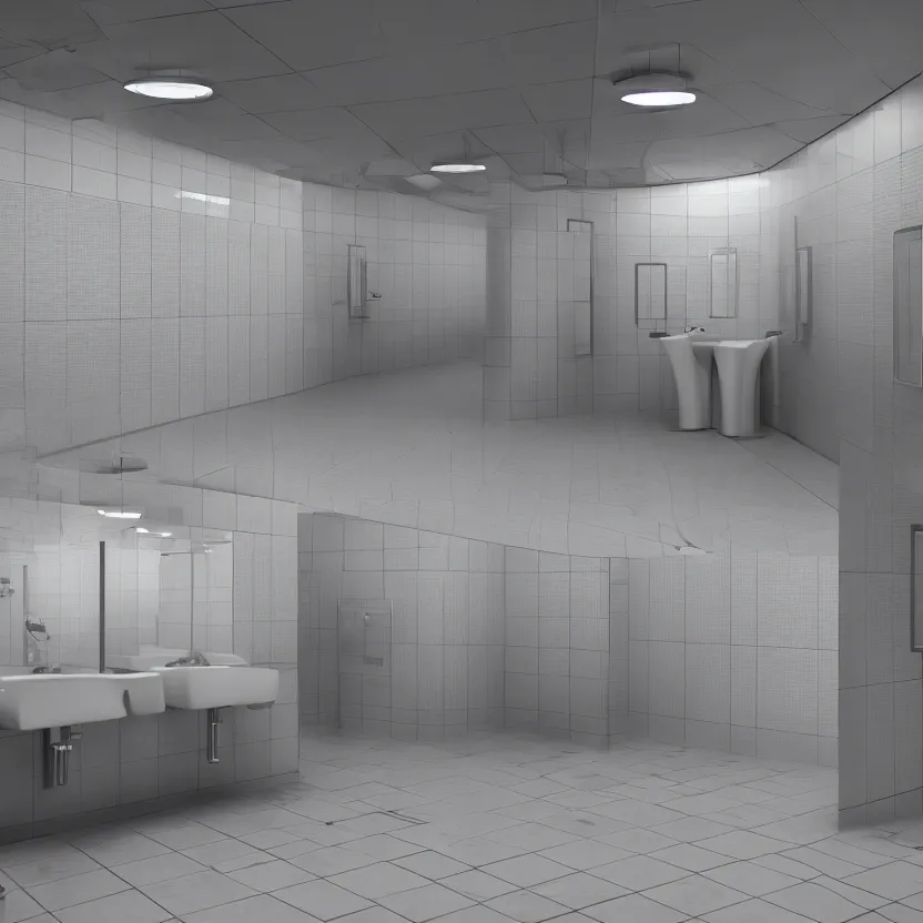 Prompt: an infinite public restroom with endless stalls and endless sinks fading into the distance, mirrors!, showers, tile, cinematic lighting, volumetric lighting, award winning photography, highly detailed, intricate, sharp focus, 4 k wallpaper, unreal engine, 9 0 mm, f / 1. 4