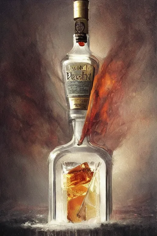 Prompt: a ship in a bottle but instead of a ship it is jack nicholson in the bottle, the shining, whiskey bottle, masterpiece painting by artgerm, ruan jia, tom bagshaw