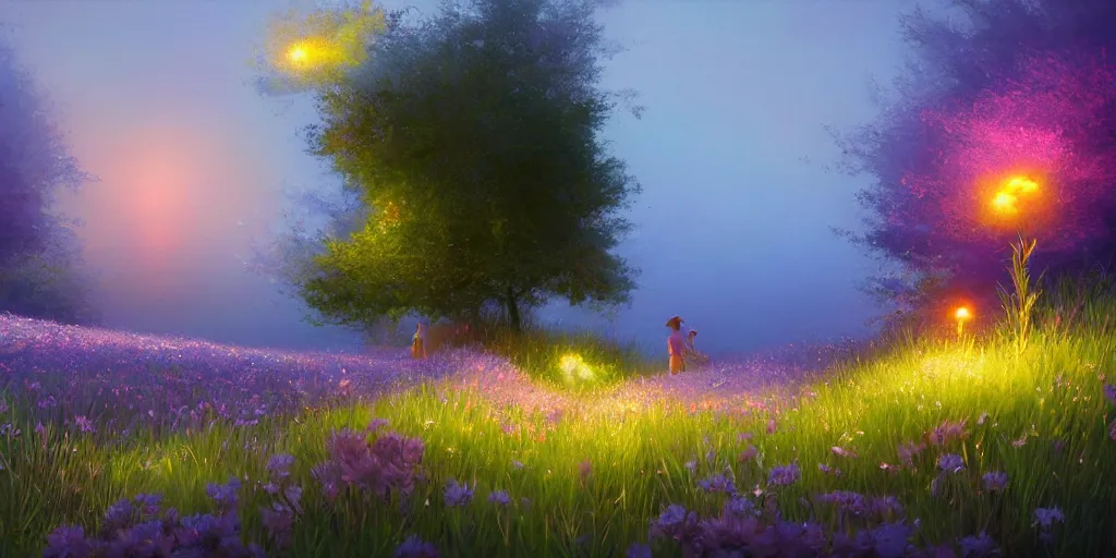 Image similar to fireflies around the ocean inspired by Evgeny Lushpin,flower meadow,spring,cinematic,trending on ArtStation