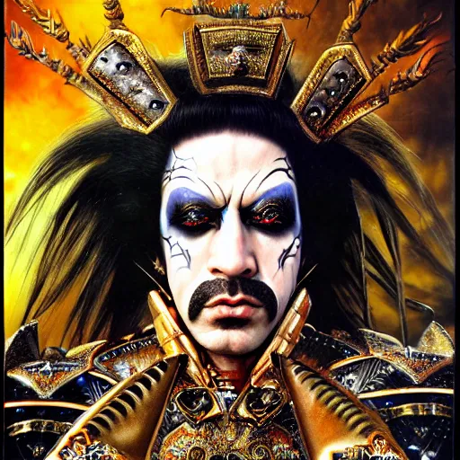 Image similar to uhd photorealistic detailed image of max voltage, the rock and roll emperor, dressed as emperor, wearing extremely intricate hair metal costume and makeup, by ayami kojima amano karol bak