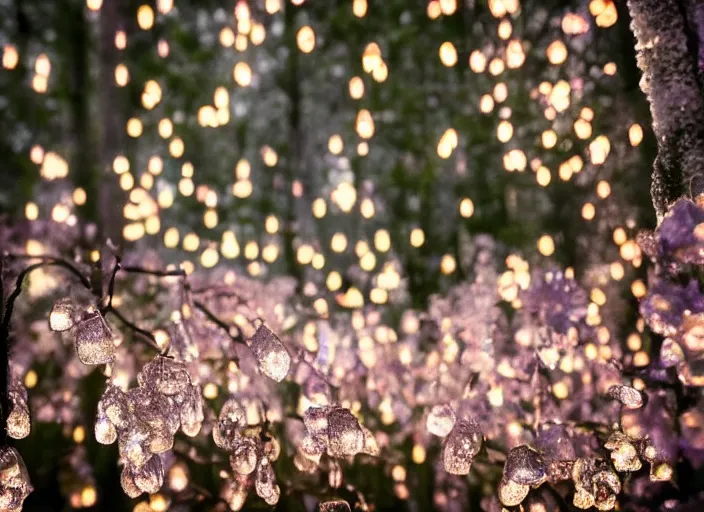 Image similar to a magical forest with crystal flowers that glow in the dusk, close up, bokeh,