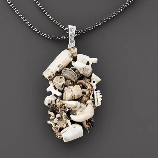 Prompt: an intricate pendant made out of bones, studio photography, black background, volumetric
