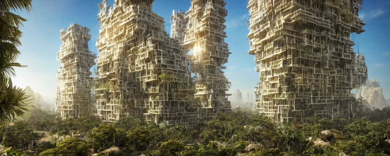 Image similar to contemporary golden babylon tower, sacred ancient architecture, hanging gardens, cascading highrise, arid mountains with lush palm forest, sunlight, post - production, octane, cgi, sfx