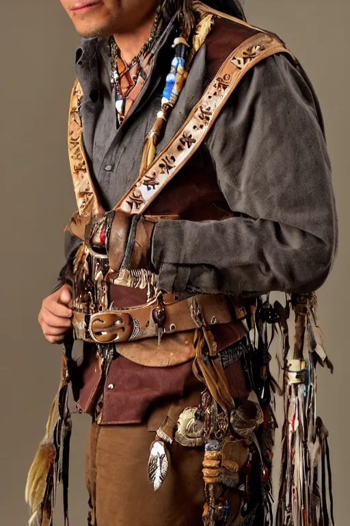 Image similar to thin native American Indian man in his early 30s, wearing cargo buckskin jacket buckskin tactical toolbelt pockets bandolier full of trinket and baubles, steampunk arcane shaman, deadlands, weird west