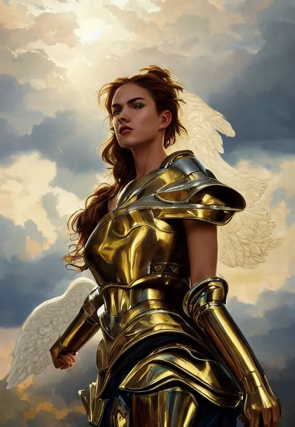Image similar to A beautiful fierce photogenic angel wearing metallic battle armor, posing heroically with heavenly sunlit clouds in the background, close-up shot, elegant, digital painting, golden hour, cinematic, epic, trending on artstation, concept art, smooth, sharp focus, illustration, art by artgerm and Greg Rutkowski and Alphonse Mucha