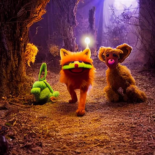 Image similar to a large druid fox muppet wearing a cloak holding a lit torch and herding a bunch of random muppet animals following behind through a dark felt forest at night, sesame street, photograph, photography, ultrarealistic, national geographic