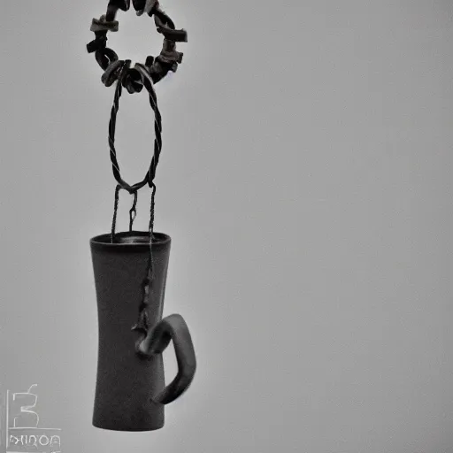 Image similar to This is a sketch of a wind chime made from the pieces of a broken mug. It shows the mug handle as the top piece with strings attached to it, and the bottom pieces of the mug hanging down like little bells, iso 300, f-stop 1.5, Pentax