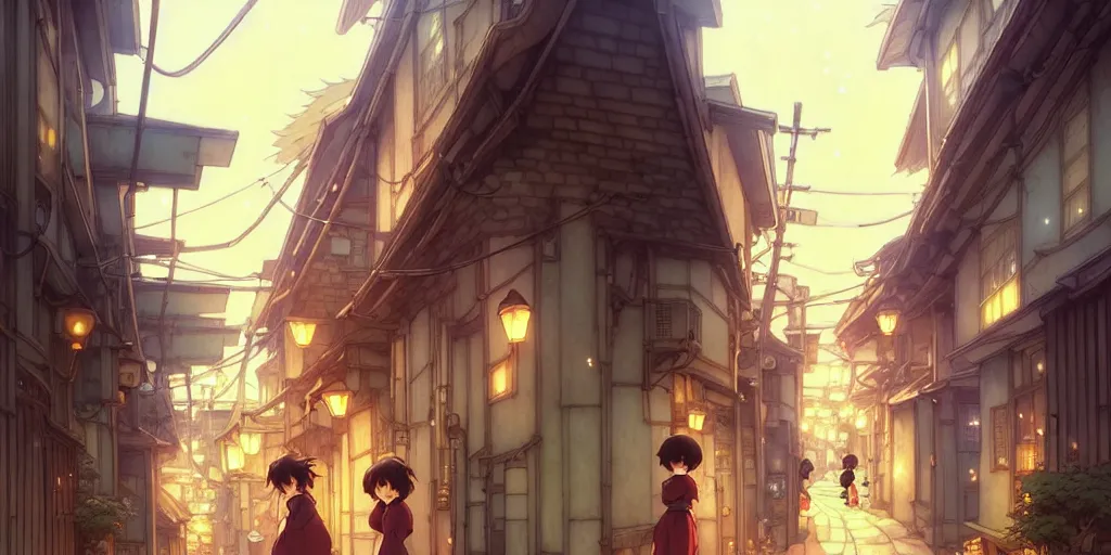 Prompt: the girl and the alley. anime visual of a cozy village, late in the evening. by hayao miyazaki and rossdraws and artgerm and greg rutkowski and alphonse mucha. anime production by studio ghibli. high quality, stunning, intricate detailed environment. 8 k