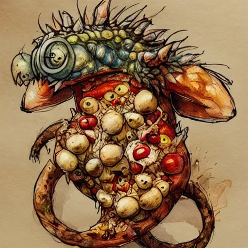 Prompt: a cute monster made of pizza, watercolor, pen and ink, intricate line drawings, by Yoshitaka Amano, Ruan Jia, Kentaro Miura, Artgerm, detailed, trending on artstation, hd, masterpiece,