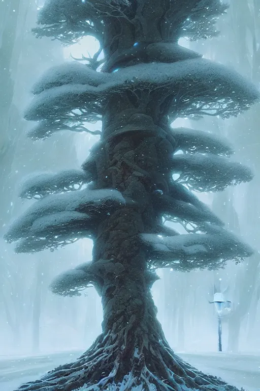 Image similar to giant tree in snow, unreal engine, fantasy art by greg rutkowski, loish, rhads, ferdinand knab, makoto shinkai and lois van baarle, ilya kuvshinov, rossdraws, tom bagshaw, global illumination, radiant light, detailed and intricate environment