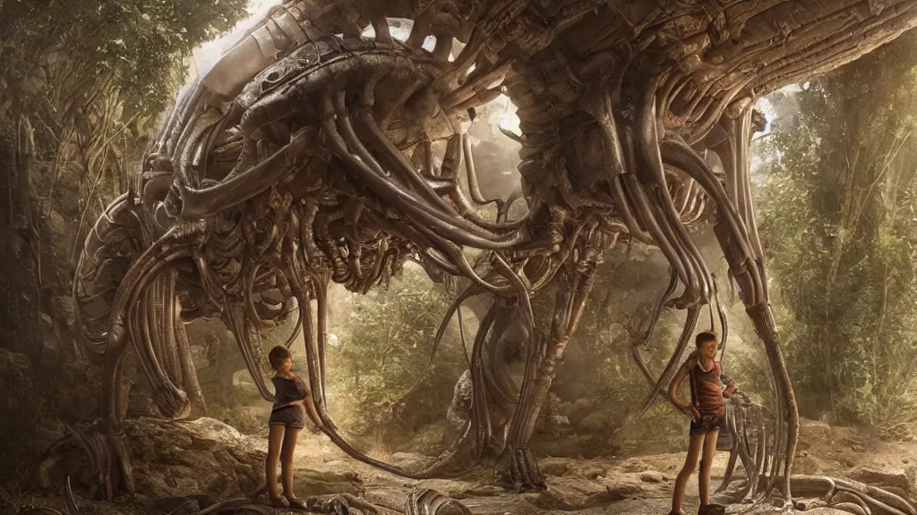 Prompt: Dora the explorer face to face with Giger's Alien, by Moebius and Giger, greg rutkowski, very coherent, cinematic, hyper realism, high detail, vivid colors, octane render, unreal engine, 8k, Smooth gradients, High contrast, depth of field by Jacek Yerka