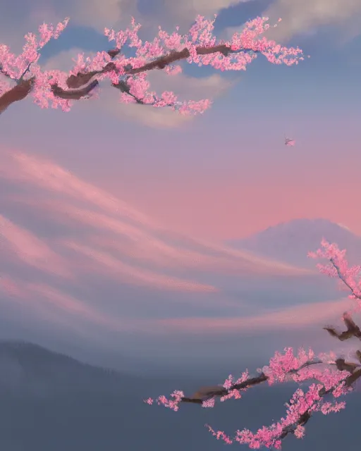 Prompt: a beautiful painting of peach blossoms on the clouds, brilliant peaks, dense fog, early morning, by by yoneyama mai, trending on artstation