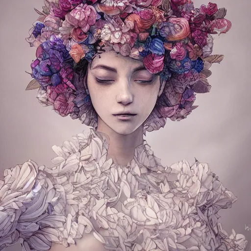 Image similar to the portrait of an absurdly beautiful, graceful, elegant, innocent woman made of petals looking up, an ultrafine detailed illustration by kim jung gi, irakli nadar, intricate linework, bright colors, octopath traveler, final fantasy, angular, unreal engine 5 highly rendered, global illumination, radiant light, detailed and intricate environment