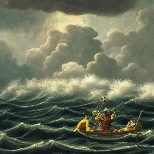 Prompt: epic pirate battle in high rough waves with storm clouds and lightning all around in the style of Grant Wood ,