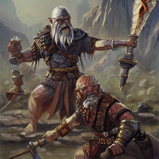 Image similar to DnD dwarves in gladitorial duel. Concept art by james gurney. Dark sun.