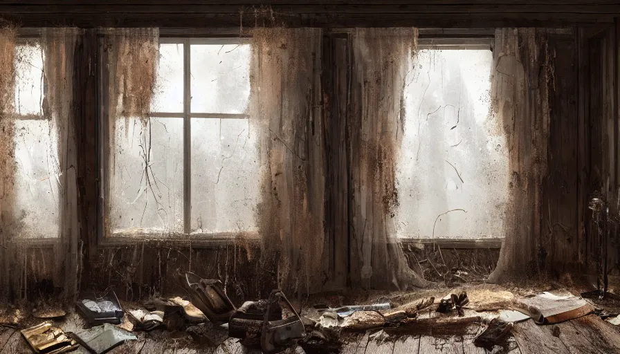 Image similar to interior of an old bloody cabin, cobwebs and dust, forest, broken windows, bloody curtains, hyperdetailed, artstation, cgsociety, 8 k