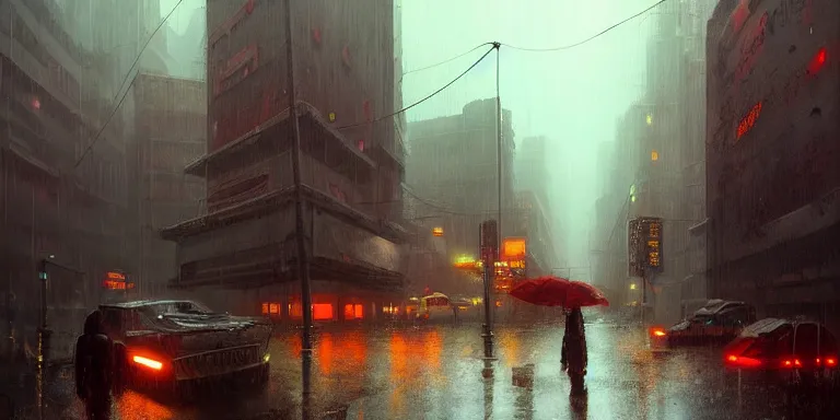 Prompt: painting cyberberpunk city in the rain wet street vaporwave rust grungy, by eric lafforgue, glennray tutor and edward hopper, greg rutkowski. trending on artstation.