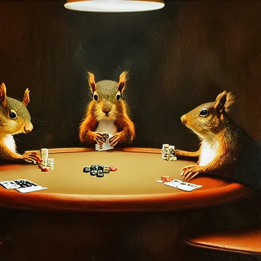 Image similar to a meeting of squirrels playing poker, dramatic lighting