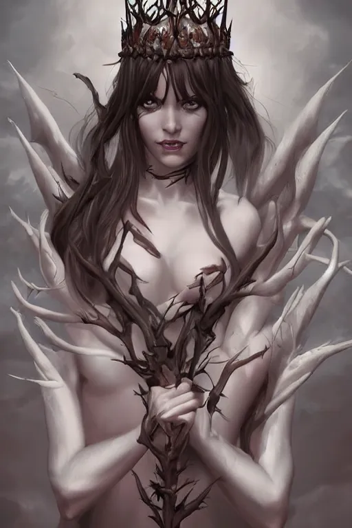 Image similar to Portrait of beautiful pale succubus maiden with crown of thorns, and devil's horns, digital art by Artgerm, highly detailed, trending on artstation, award winning,