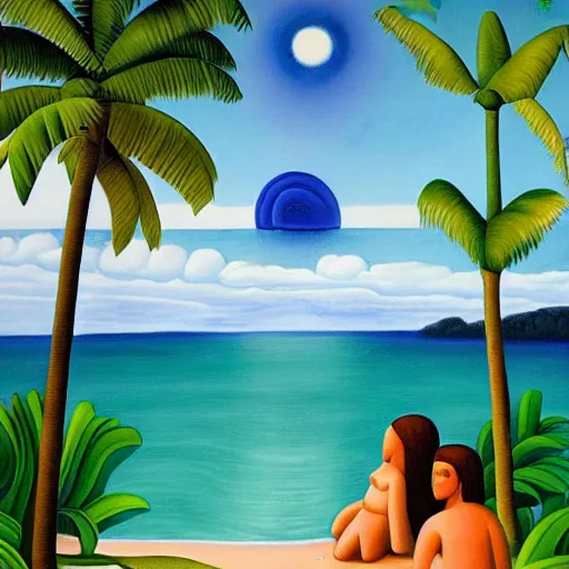 Image similar to a ultradetailed beautiful painting of amazonas beach by tarsila do amaral, major arcana mason sparkles sky, dougherty patrick, trending on artstation, mediterranean, palm trees, light sparkles, major arcana sky, sharp focus, soft light