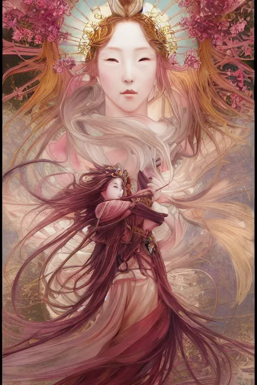 Image similar to breathtaking detailed soft painting of a samurai queen with long flowing red hair, anime style, pastel flower petals flying, in front of a pristine art nouveau cathedral, elegant, volumetric lighting, highly detailed, artstation, concept art, matte, sharp focus, art by pilyeon, Alfons Mucha and Miho Hirano