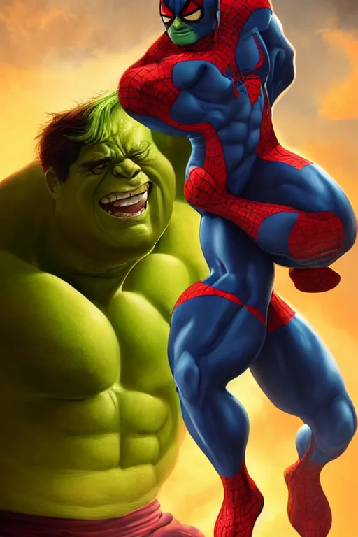 Image similar to characters portrait of Hulk mixed with Spiderman by ArtGerm and Tom Bagshaw, merged character, Full body shot, cinematic opening shot, 4k, highly detailed, cinematic lighting