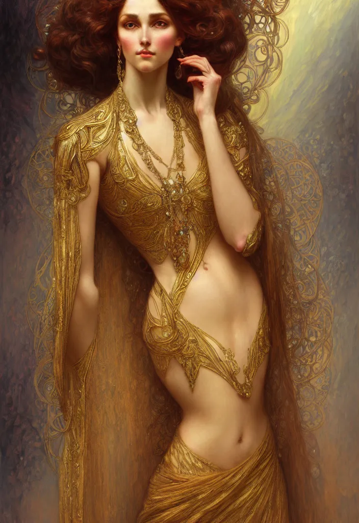 Image similar to character portrait of a modest woman, tall, feminine, powerful, modestly clothed, voluminous, intricate, elegant, highly detailed, digital painting, artstation, smooth, symmetrical, sharp focus, illustration, art by gaston bussiere and alphone mucha