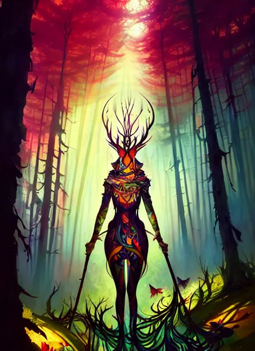 Prompt: full body picture of a beautiful and cute and aesthetic hunter in the forest made of stained glass, model pose, bright color, sun shining through, sharp focus, highly detailed face, specular reflection, art by anato finnstark and lecouffe deharme and pete mohrbacher and quentin mabille and frank moth, fantasy illustration, epic light novel cover art