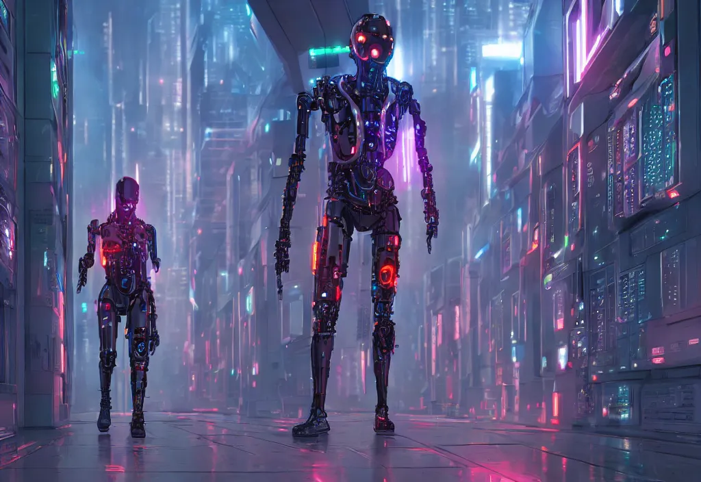 Prompt: shot of film by cyberpunk syle, human like a cyborg, full body, walking in detailed data center, character design, symmetrical, vivid color, complementary color, detailed, sharp lines, trending on artstation, volumetric lighting, by masamune shirow style, octane render